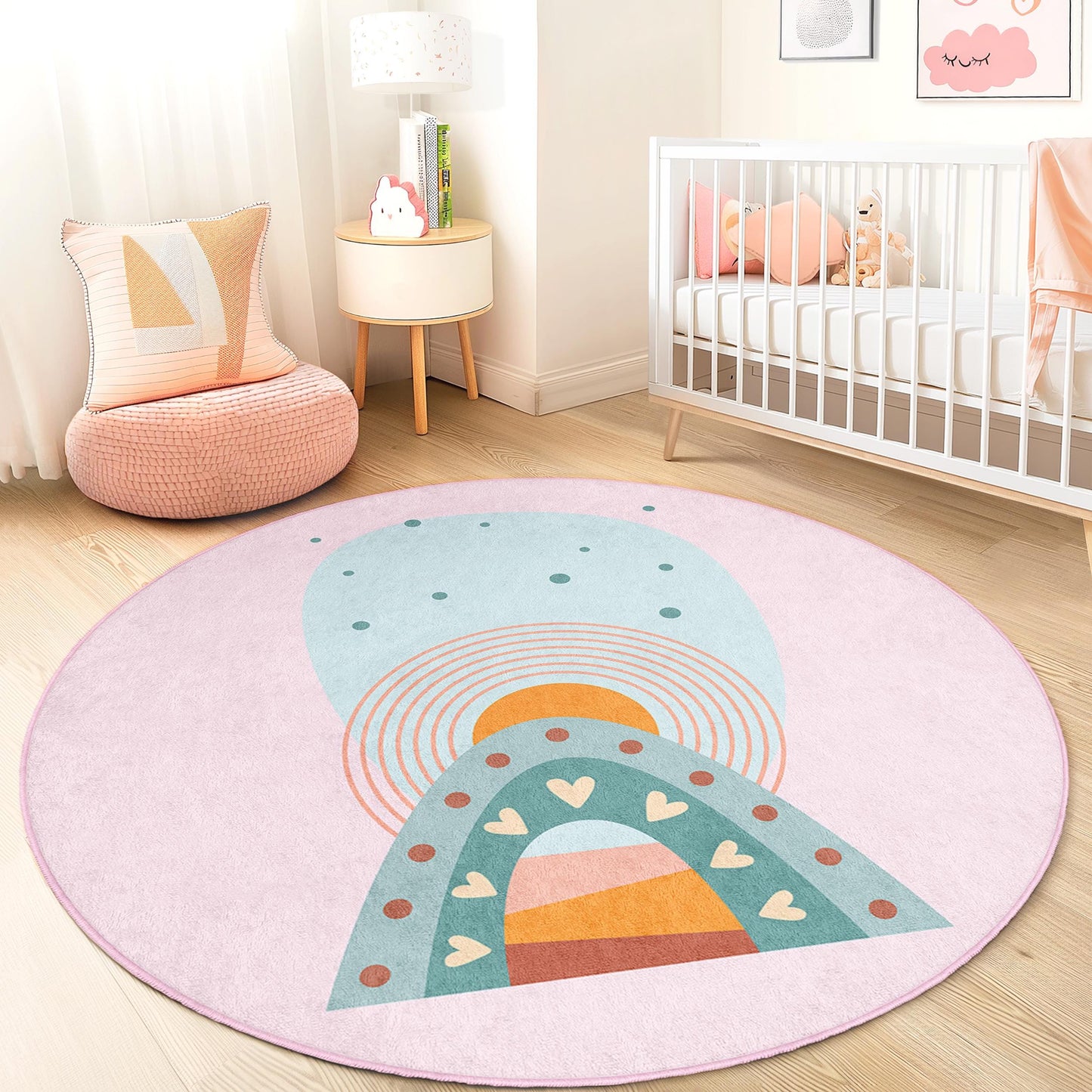 Rainbow Heart Circle Kids Rug, Colorful Round Play Mat, Cute Nursery Decor, Kids Room Carpet, Soft Playroom Rug