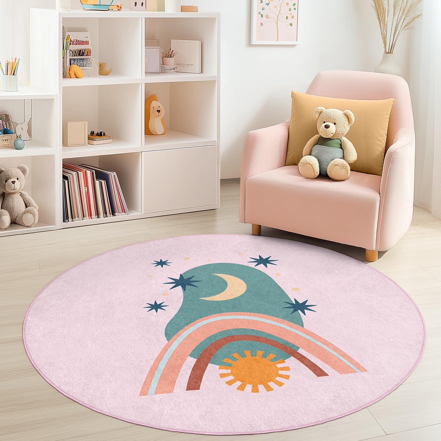 Whimsical Rainbow and Moon Round Kids Rug, Colorful Playroom Carpet, Soft Nursery Decor, Toddler Room Mat, Kids Room Design