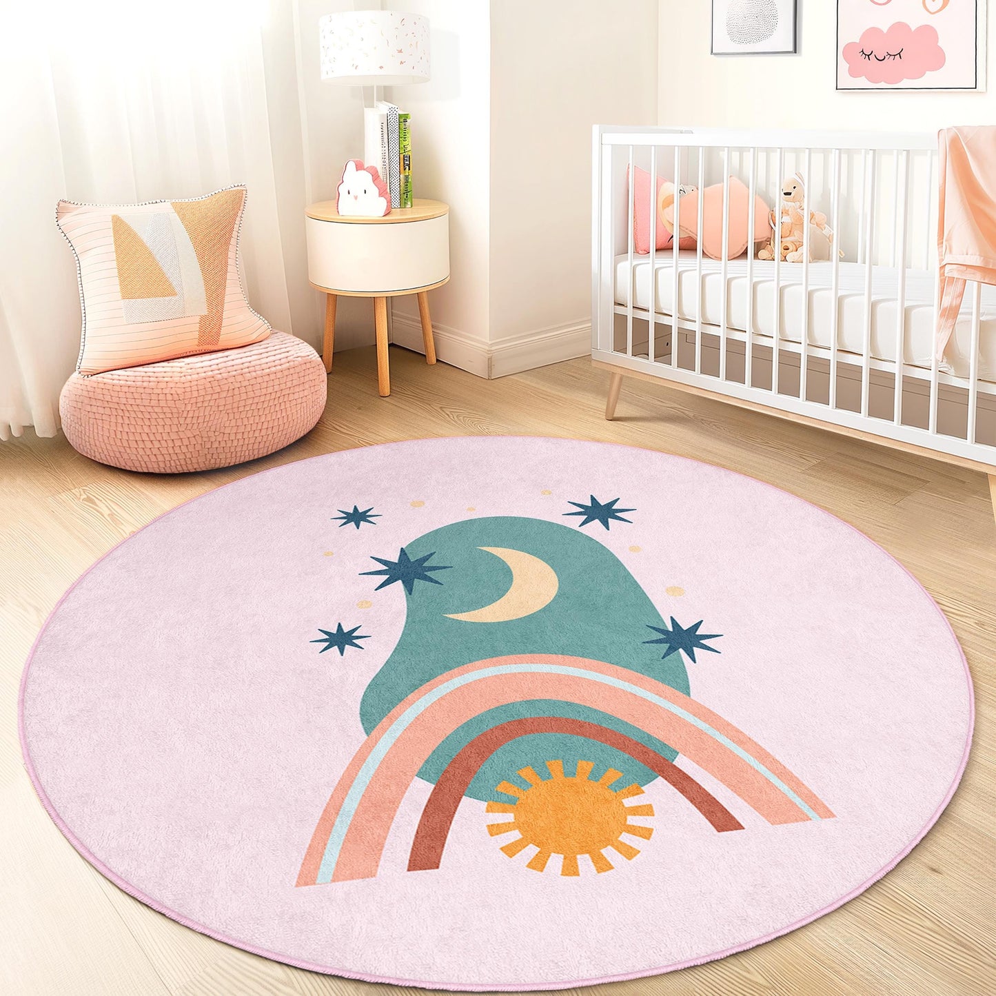 Whimsical Rainbow and Moon Round Kids Rug, Colorful Playroom Carpet, Soft Nursery Decor, Toddler Room Mat, Kids Room Design