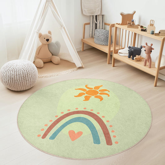 Sunshine Rainbow Round Kids Rug, Colorful Play Mat, Soft Nursery Rug, Baby Room Decor, Round Area Rug for Kids Room
