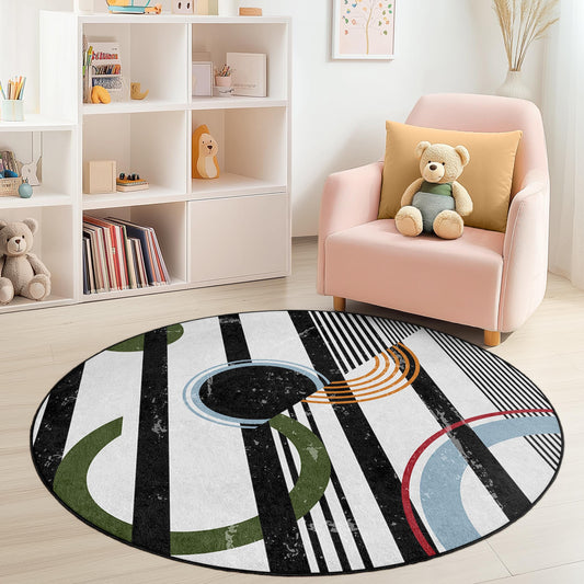 Modern Geometric Round Area Rug, Abstract Circle Design, Boho Style Carpet for Kids Room, Playroom Decor, Soft Round Rug
