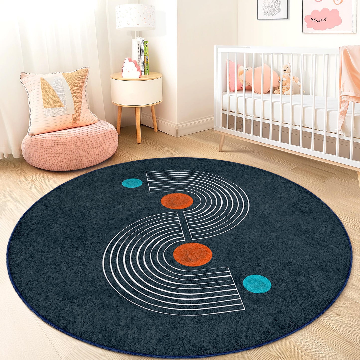 Geometric Round Area Rug, Modern Circle Rug, Kids Room Decor, Playroom Rug, Soft Circular Carpet, Stylish Nursery Rug