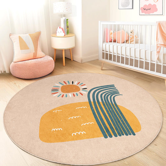 Sunshine and Rainbow Round Kids Rug, Playful Round Carpet for Children's Room, Colorful Nursery Decor, Soft Play Mat