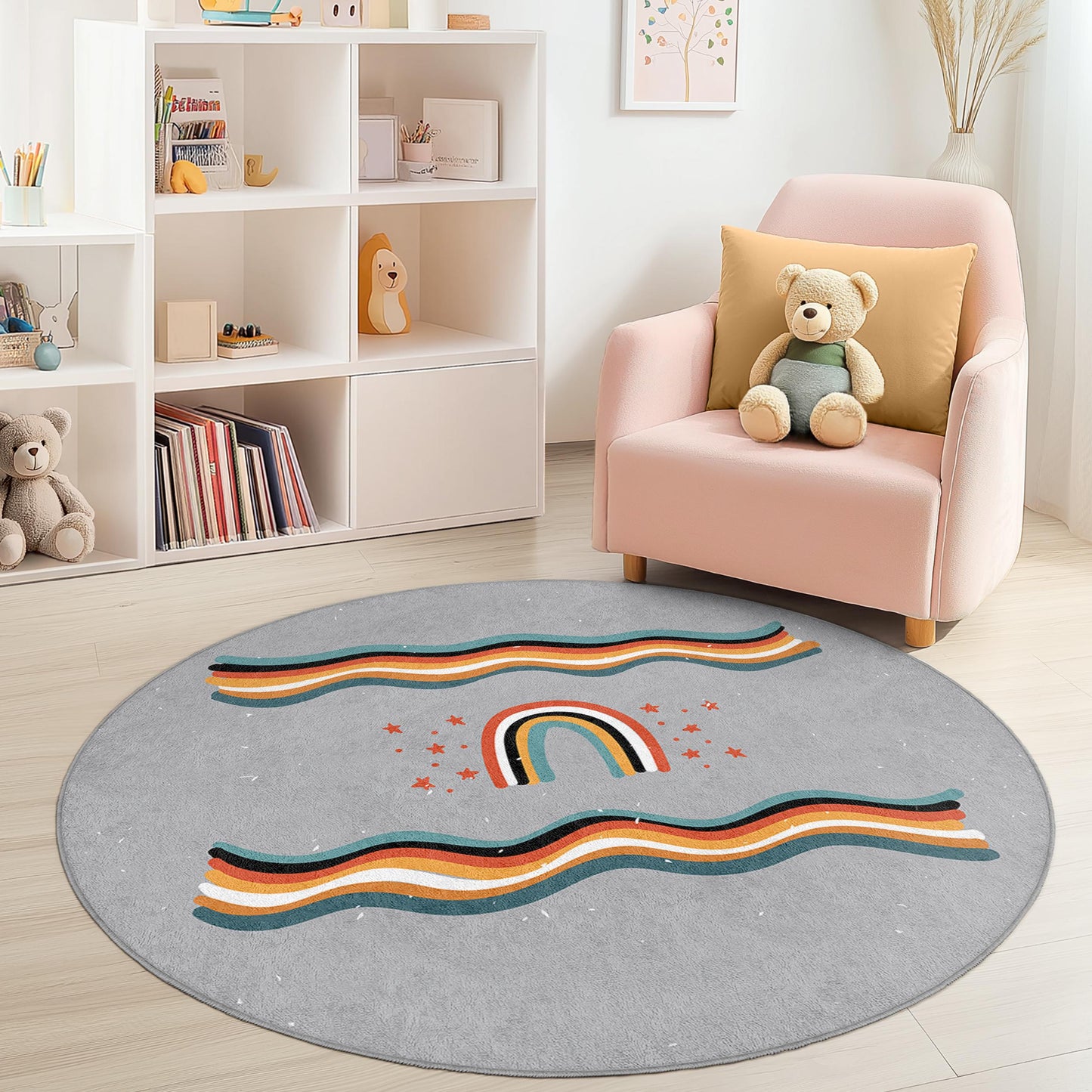 Rainbow Waves Round Kids Rug, Playful Round Carpet, Colorful Nursery Decor, Soft Kids Room Rug, Kids Playroom Mat