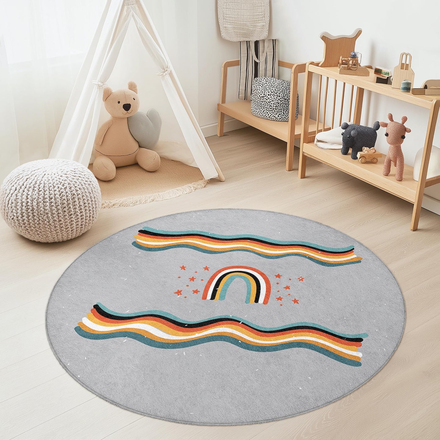 Rainbow Waves Round Kids Rug, Playful Round Carpet, Colorful Nursery Decor, Soft Kids Room Rug, Kids Playroom Mat