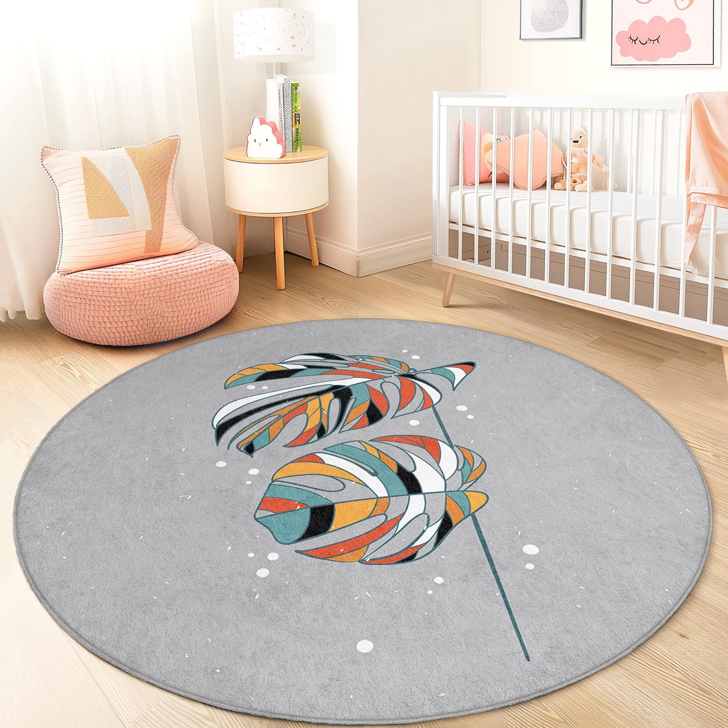 Colorful Tropical Leaves Round Area Rug, Bohemian Style Kids Room Rug, Soft Play Mat, Nursery Decor, Playroom Carpet