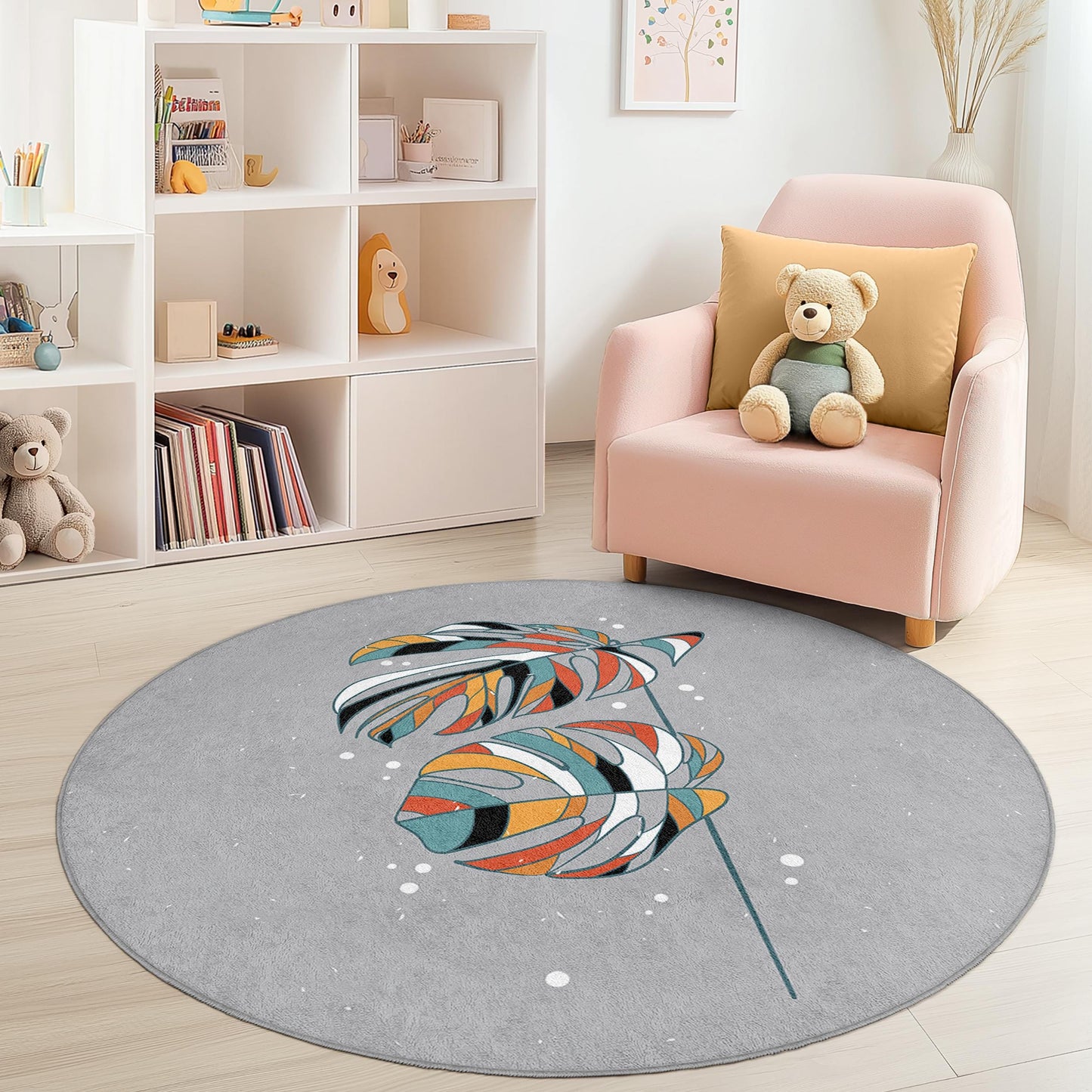 Colorful Tropical Leaves Round Area Rug, Bohemian Style Kids Room Rug, Soft Play Mat, Nursery Decor, Playroom Carpet