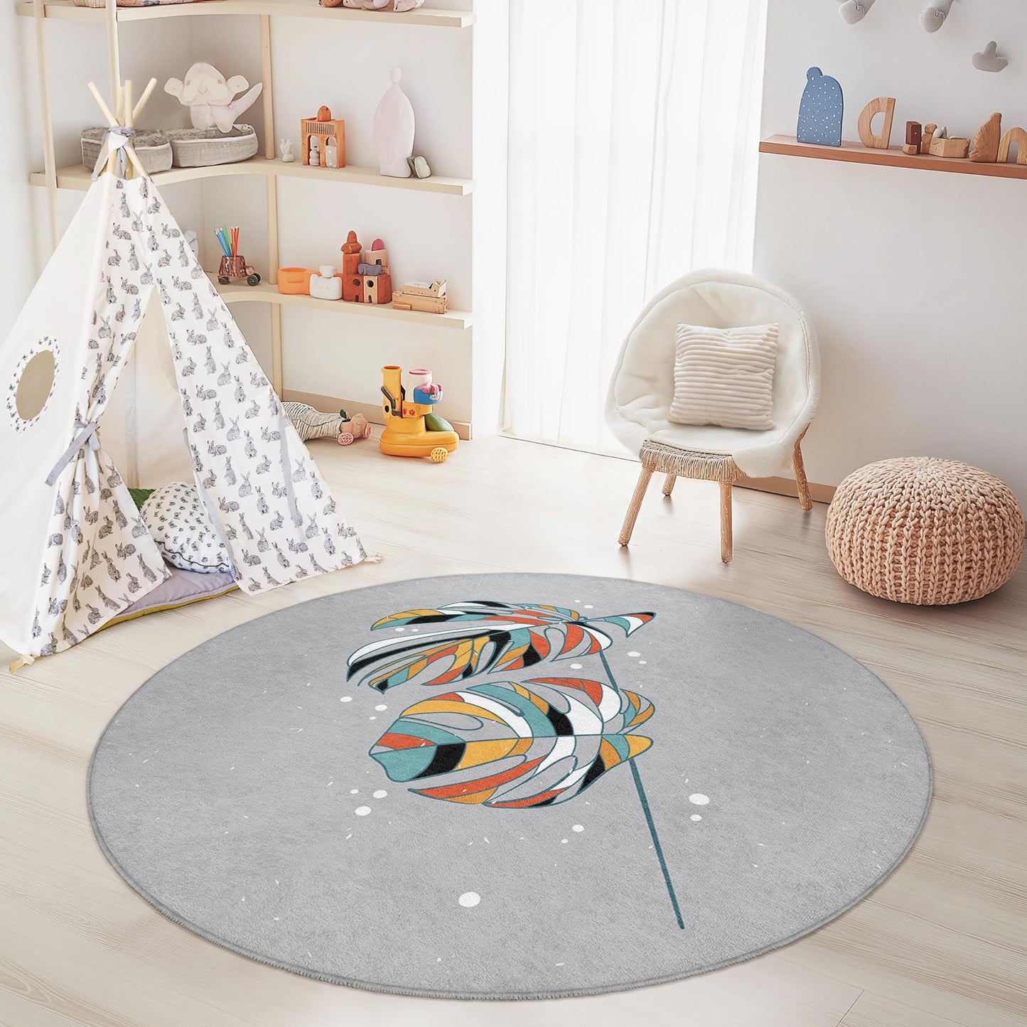 Colorful Tropical Leaves Round Area Rug, Bohemian Style Kids Room Rug, Soft Play Mat, Nursery Decor, Playroom Carpet