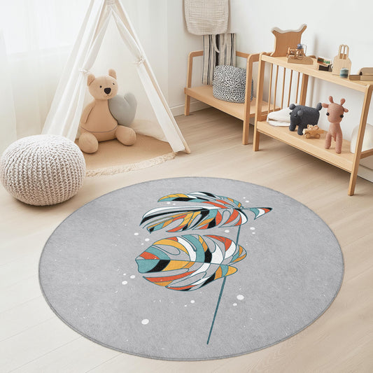 Colorful Tropical Leaves Round Area Rug, Bohemian Style Kids Room Rug, Soft Play Mat, Nursery Decor, Playroom Carpet