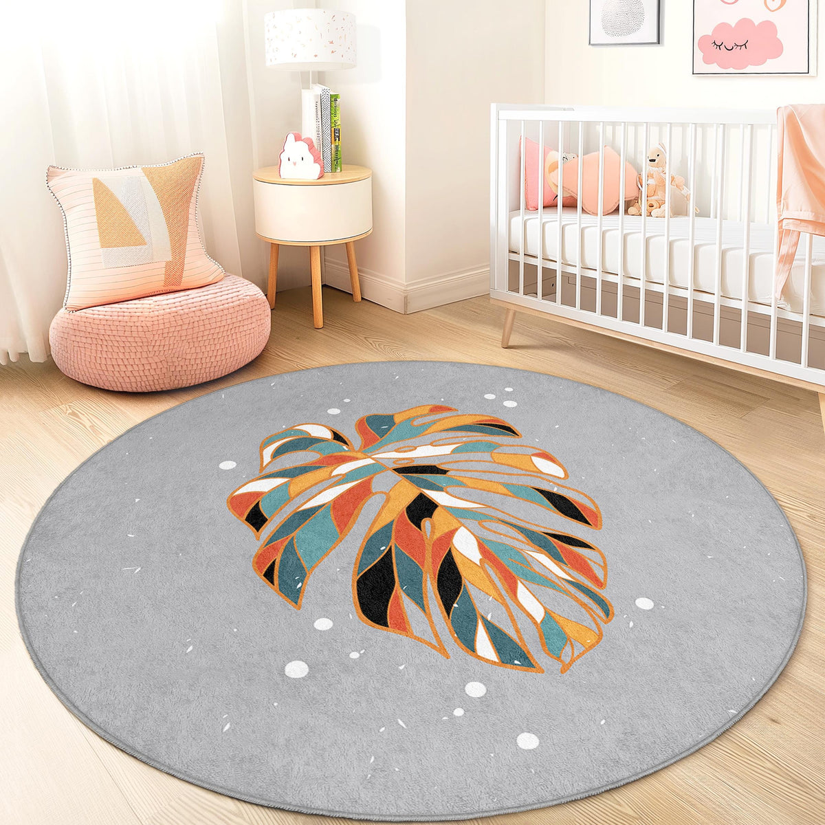 Colorful Leaf Pattern Round Kids Rug, Playful Round Carpet for Kids ...