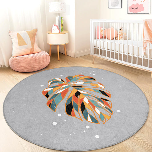 Colorful Leaf Pattern Round Kids Rug, Playful Round Carpet for Kids Room, Soft Nursery Decor, Unique Round Area Rug