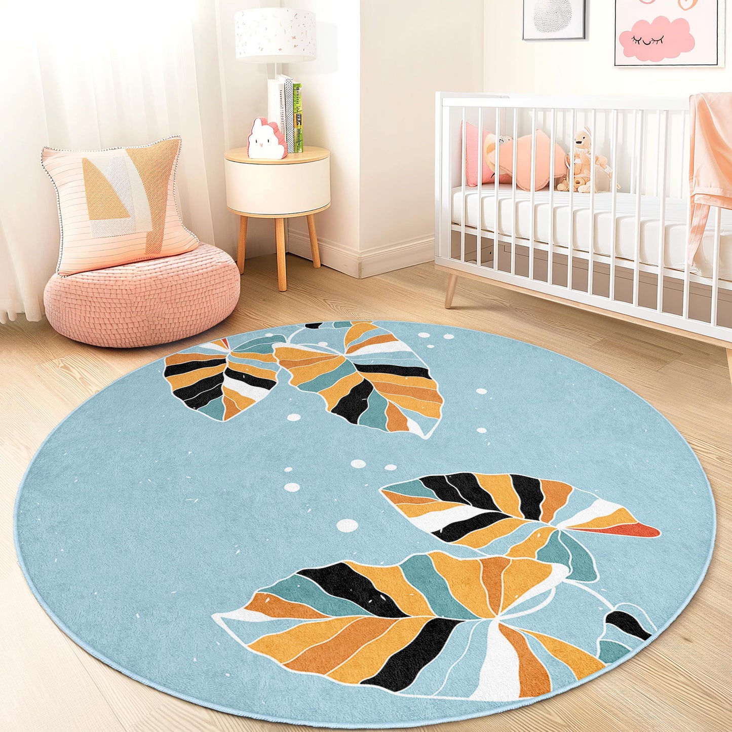 Whimsical Leaf Pattern Round Kids Rug, Vibrant Floral Area Rug, Round Playroom Carpet, Soft Nursery Decor, Playful Kids Room Rug