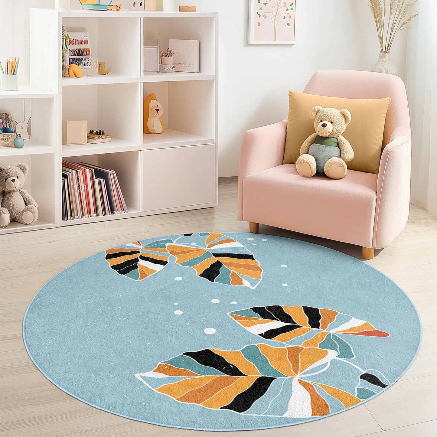 Whimsical Leaf Pattern Round Kids Rug, Vibrant Floral Area Rug, Round Playroom Carpet, Soft Nursery Decor, Playful Kids Room Rug