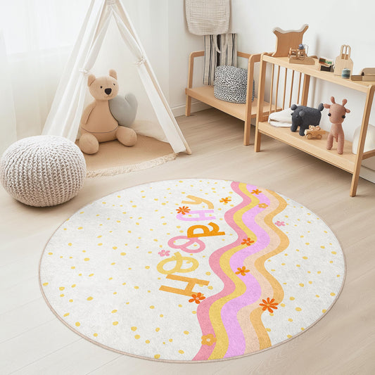 Happy Waves Round Kids Play Rug, Colorful Kids Rug, Playroom Decor, Nursery Mat, Fun Play Mat for Childrens Room