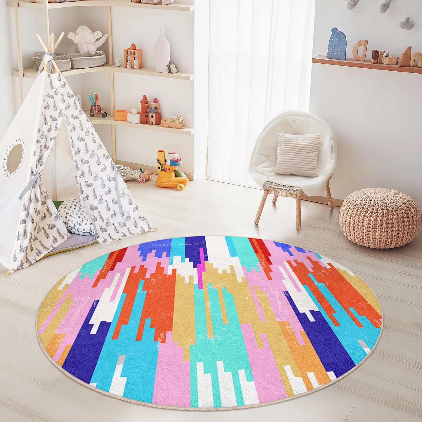 Colorful Abstract Round Kids Rug, Artistic Playroom Carpet, Soft Round Rug, Nursery Decor, Vibrant Kids Room Mat