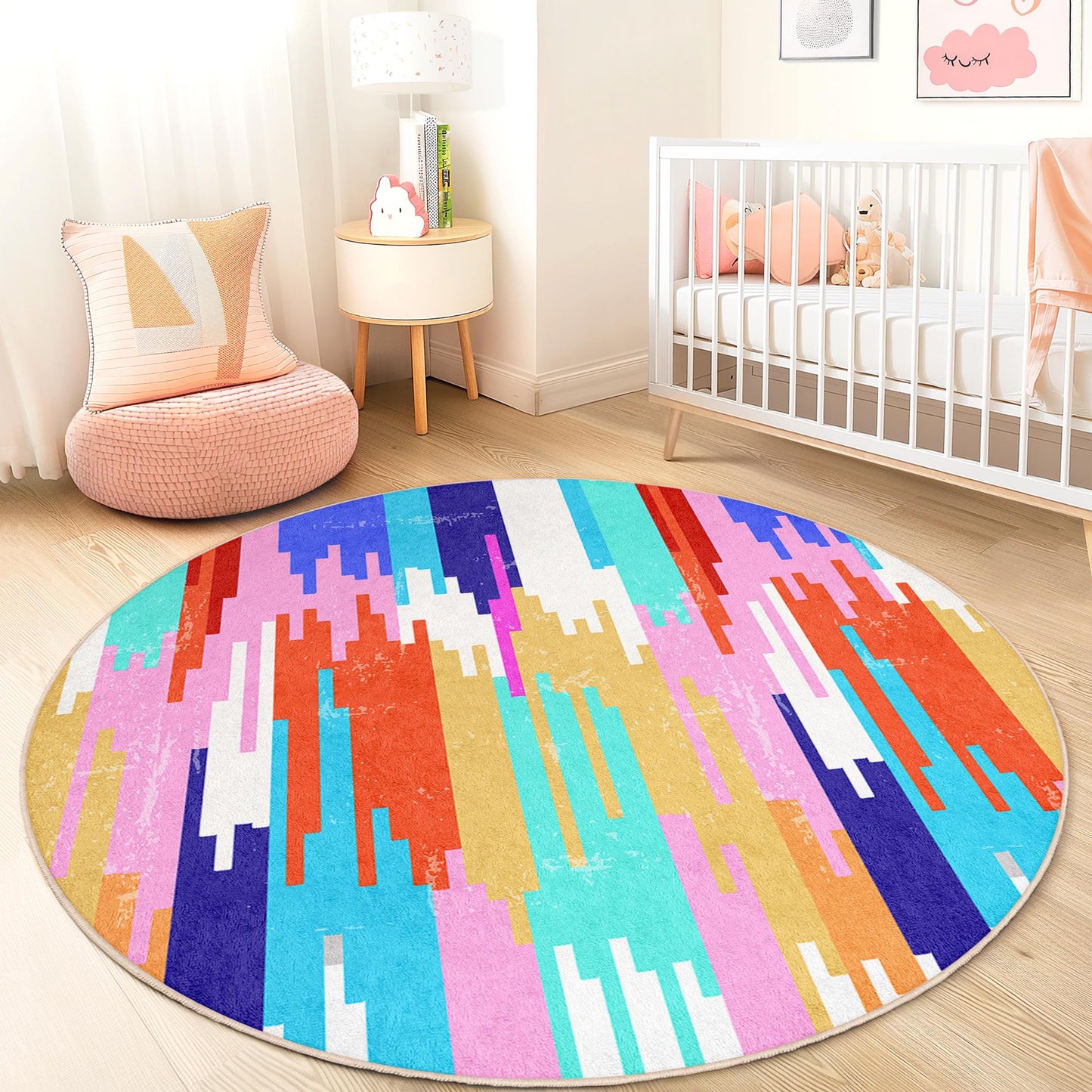 Colorful Abstract Round Kids Rug, Artistic Playroom Carpet, Soft Round Rug, Nursery Decor, Vibrant Kids Room Mat