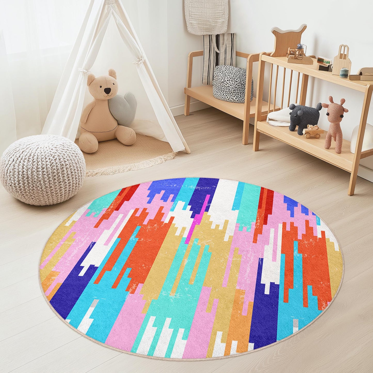 Colorful Abstract Round Kids Rug, Artistic Playroom Carpet, Soft Round Rug, Nursery Decor, Vibrant Kids Room Mat