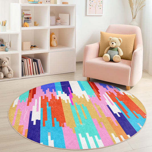 Colorful Abstract Round Kids Rug, Artistic Playroom Carpet, Soft Round Rug, Nursery Decor, Vibrant Kids Room Mat