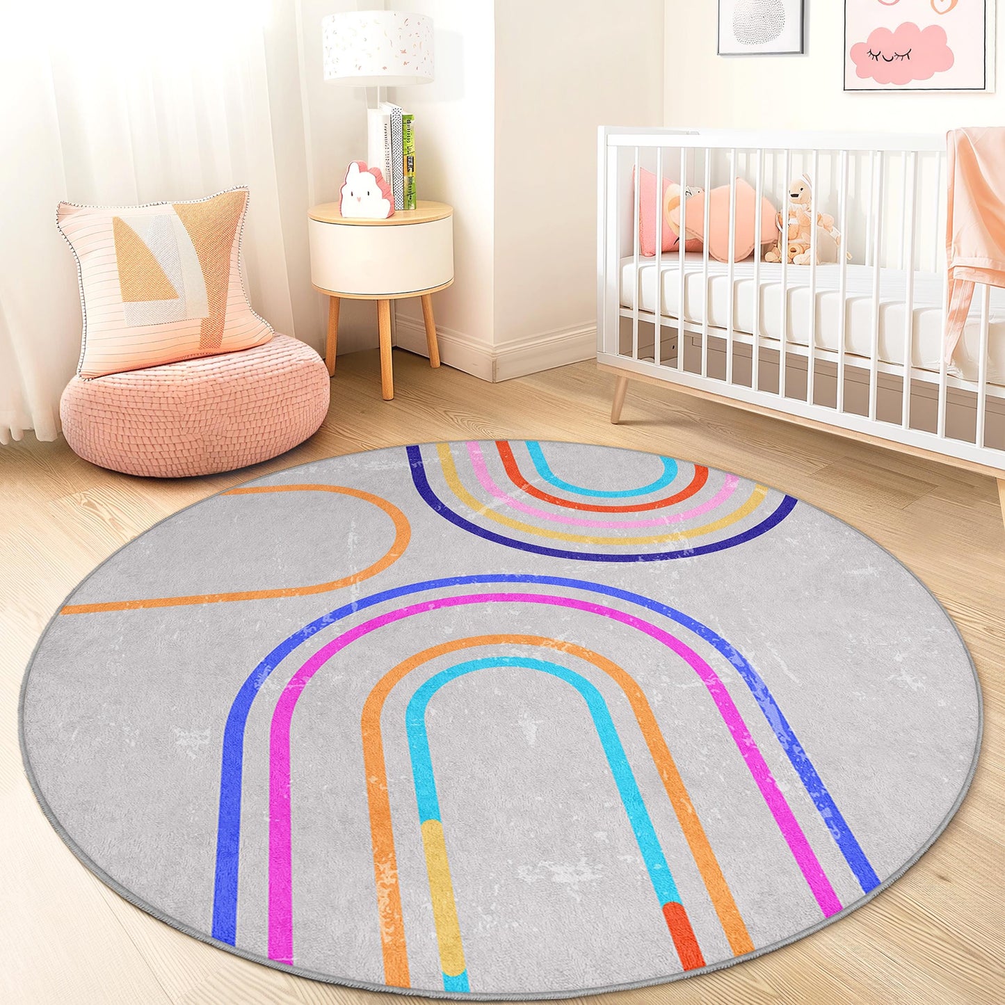 Colorful Rainbow Round Kids Rug, Playful Circle Carpet, Kids Room Decor, Soft Play Mat, Nursery Rug, Vibrant Children's Carpet