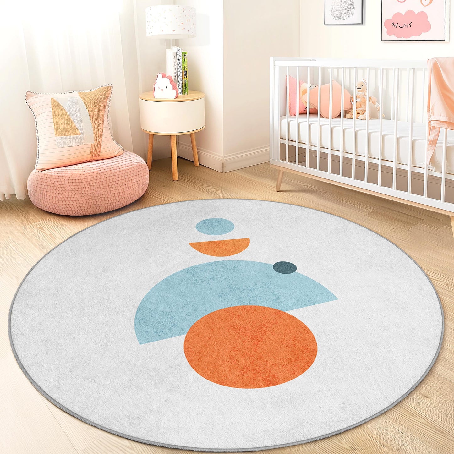 Colorful Geometric Shapes Round Rug, Kids Room Decor, Playroom Area Rug, Soft Round Carpet, Modern Nursery Rug