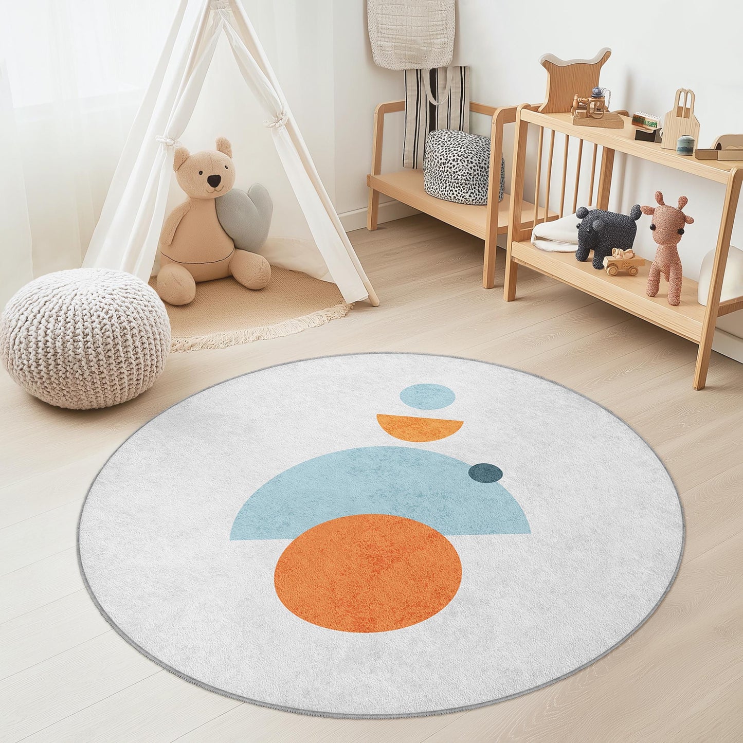 Colorful Geometric Shapes Round Rug, Kids Room Decor, Playroom Area Rug, Soft Round Carpet, Modern Nursery Rug