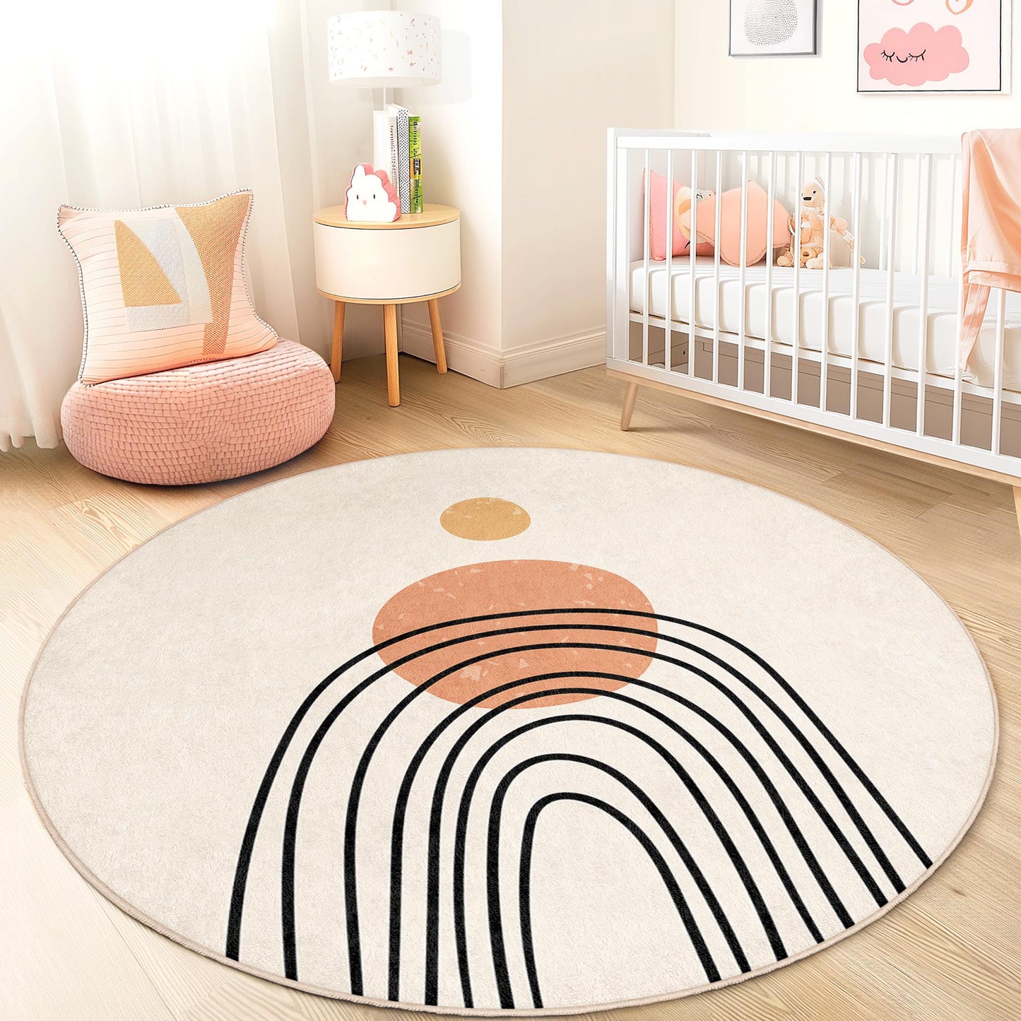 Rainbow Abstract Round Rug, Boho Kids Room Decor, Nursery Play Mat, Soft Playroom Carpet, Modern Round Area Rug