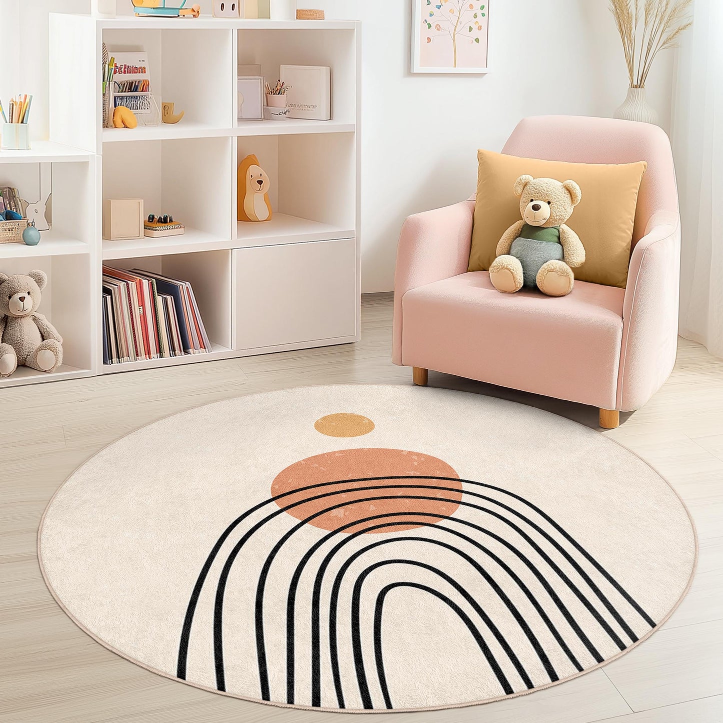 Rainbow Abstract Round Rug, Boho Kids Room Decor, Nursery Play Mat, Soft Playroom Carpet, Modern Round Area Rug
