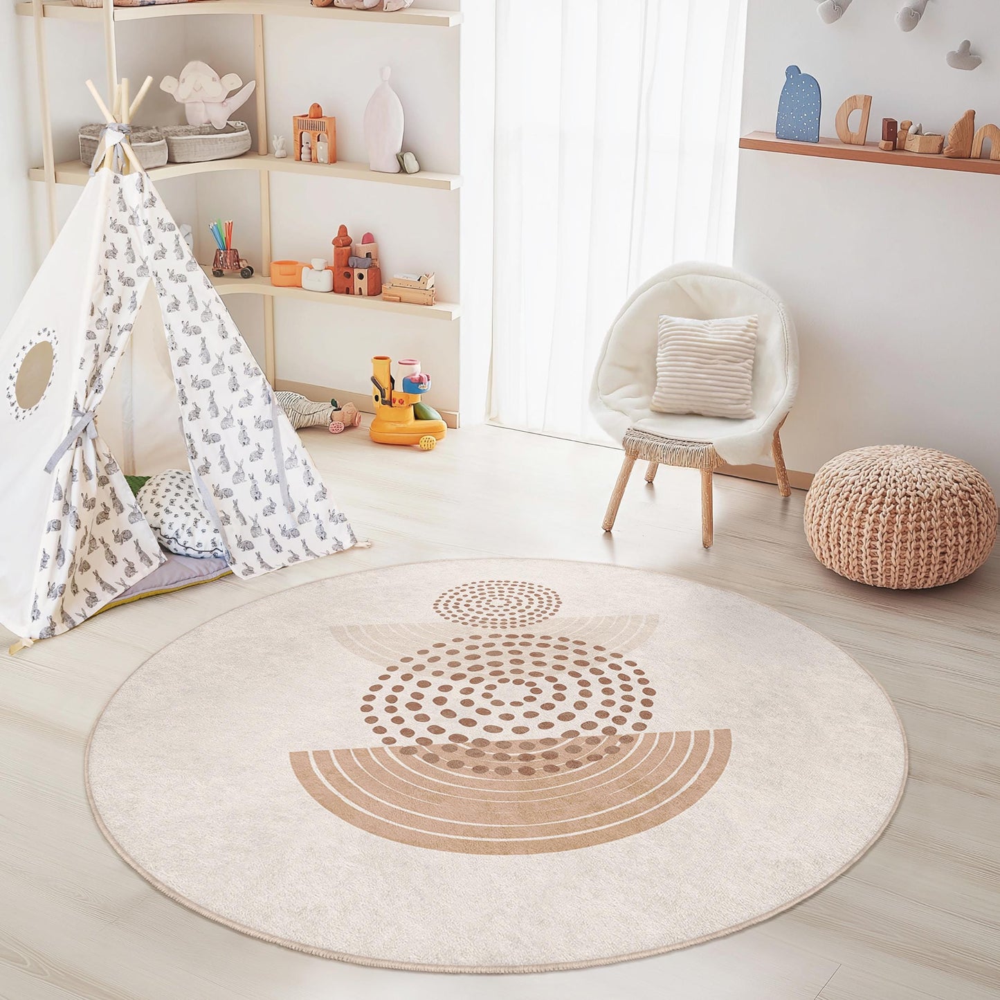 Geometric Circle Area Rug, Round Patterned Carpet, Soft Kids Room Rug, Modern Nursery Decor, Playroom Rug, Circle Design Carpet