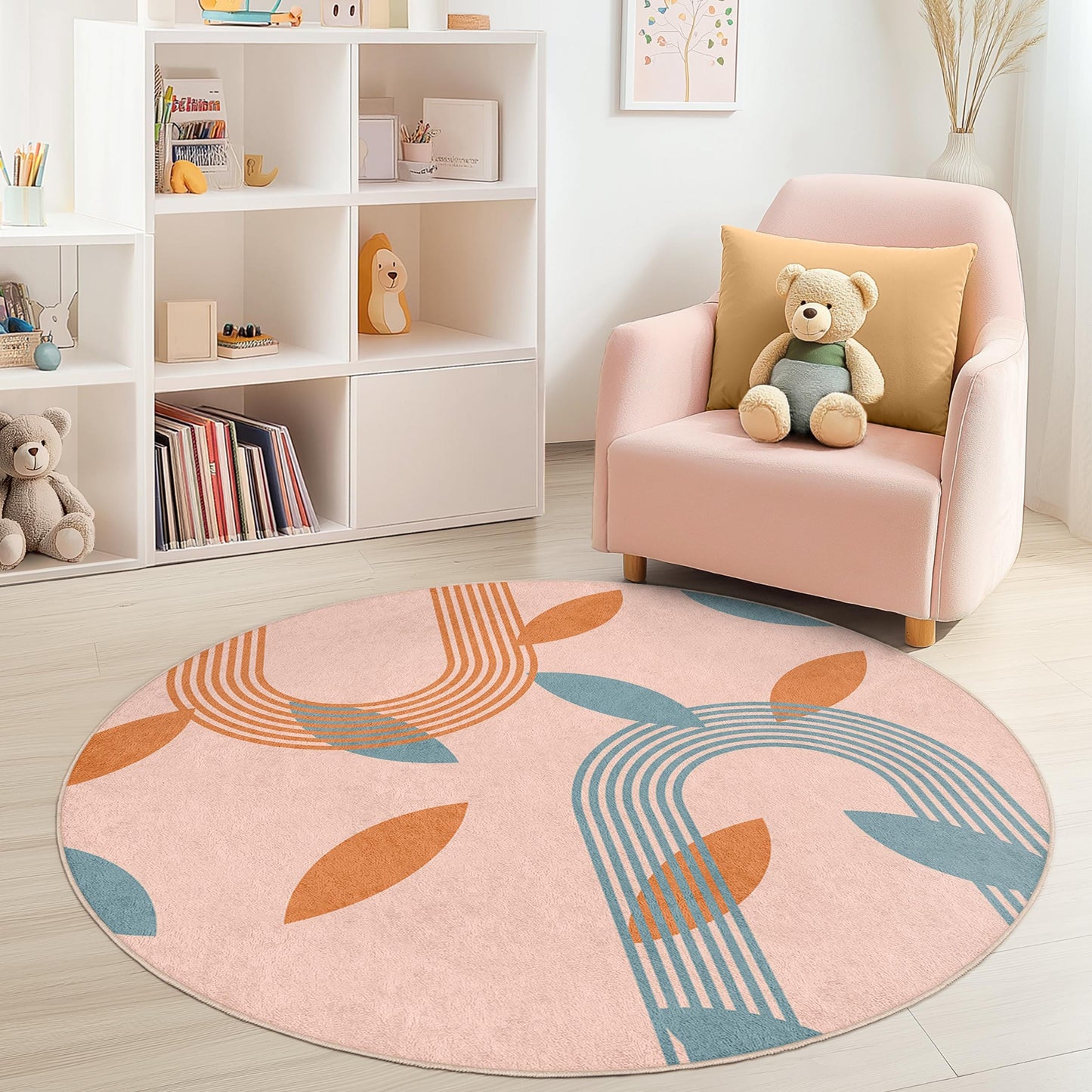 Modern Geometric Round Area Rug, Leaf Pattern Kids Room Carpet, Soft Play Mat for Nursery, Playroom Decor, Stylish Round Rug