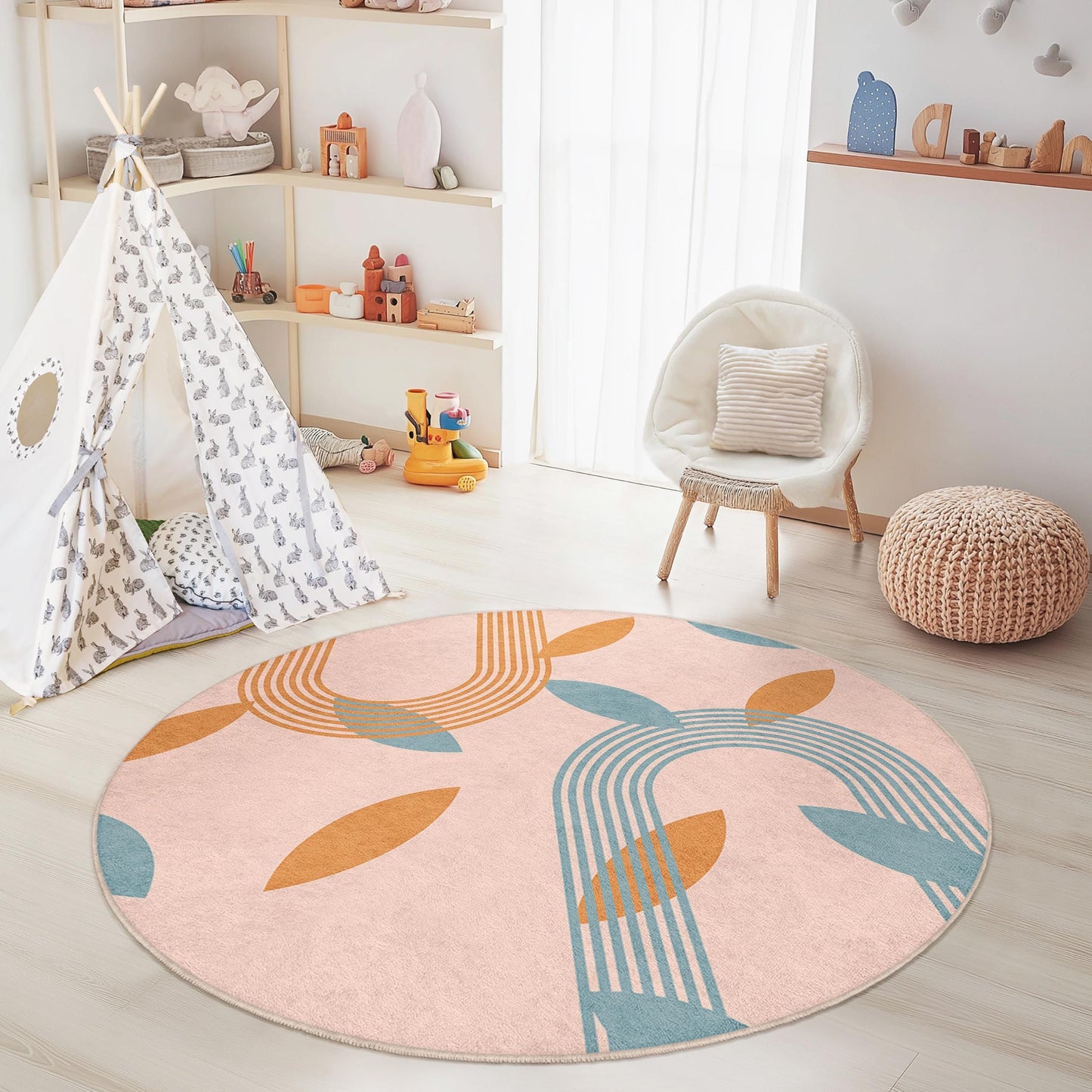Modern Geometric Round Area Rug, Leaf Pattern Kids Room Carpet, Soft Play Mat for Nursery, Playroom Decor, Stylish Round Rug
