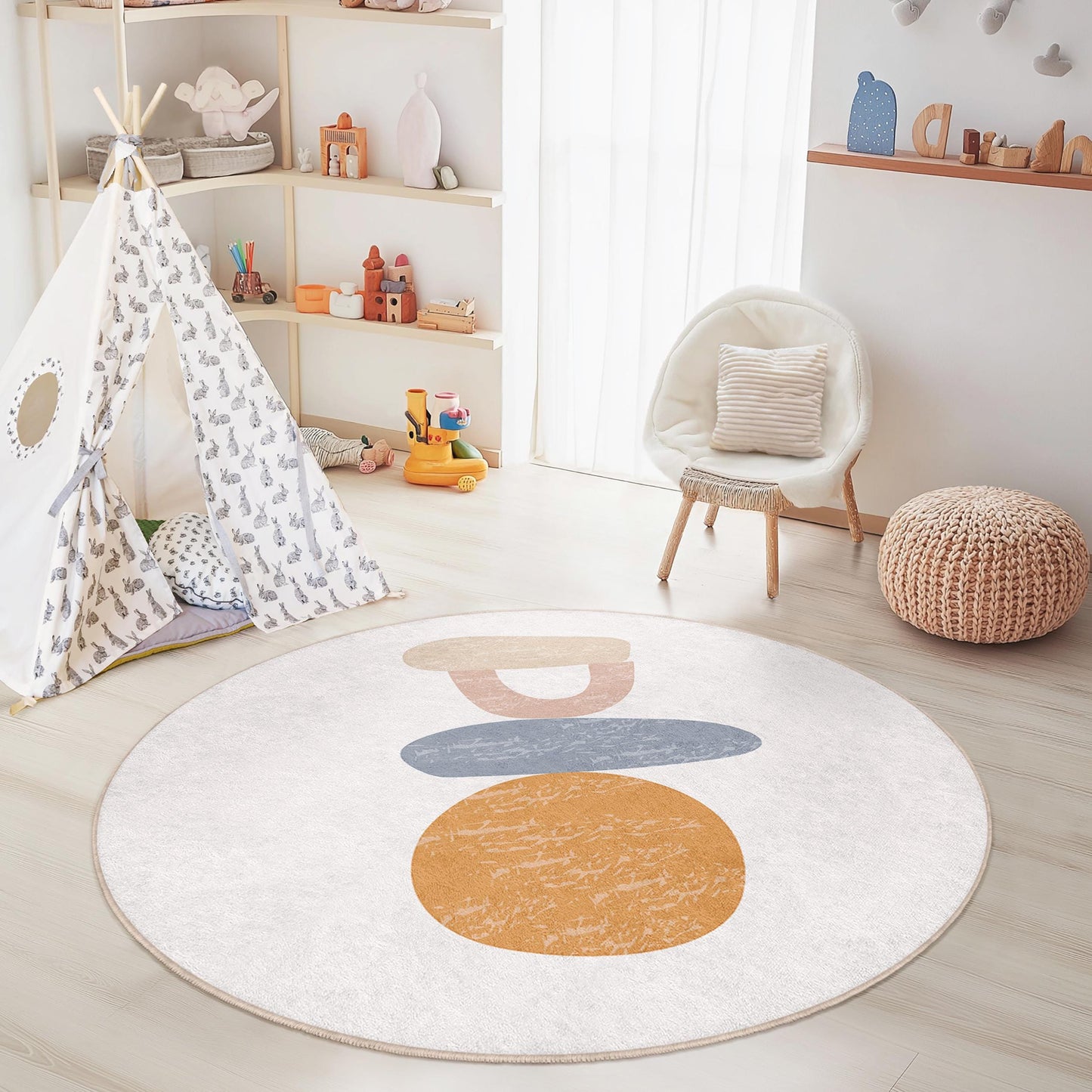 Abstract Round Kids Rug, Soft Nursery Carpet, Playroom Decor, Modern Design Play Mat, Baby Room Rug, Colorful Circle Rug
