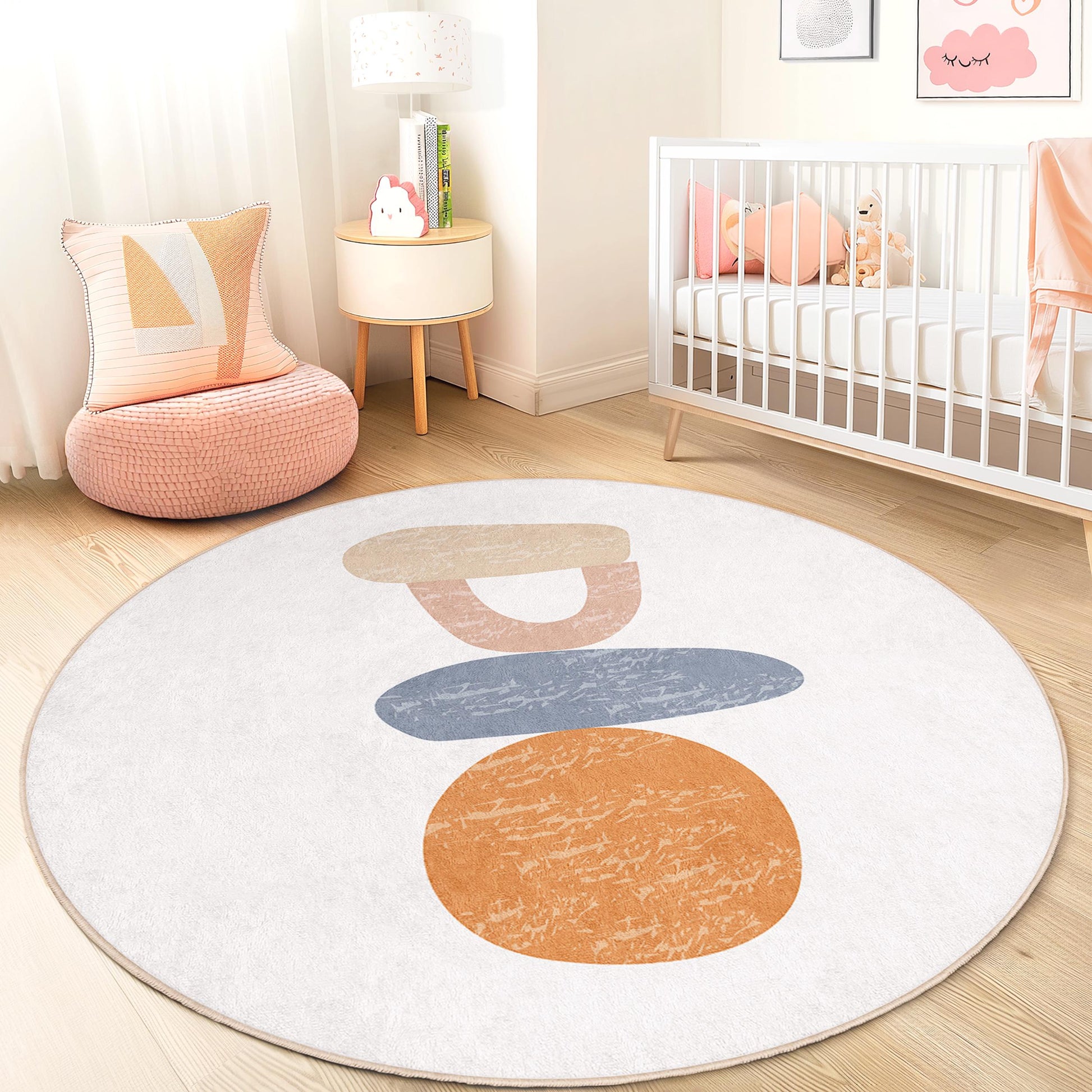 Abstract Round Kids Rug, Soft Nursery Carpet, Playroom Decor, Modern Design Play Mat, Baby Room Rug, Colorful Circle Rug
