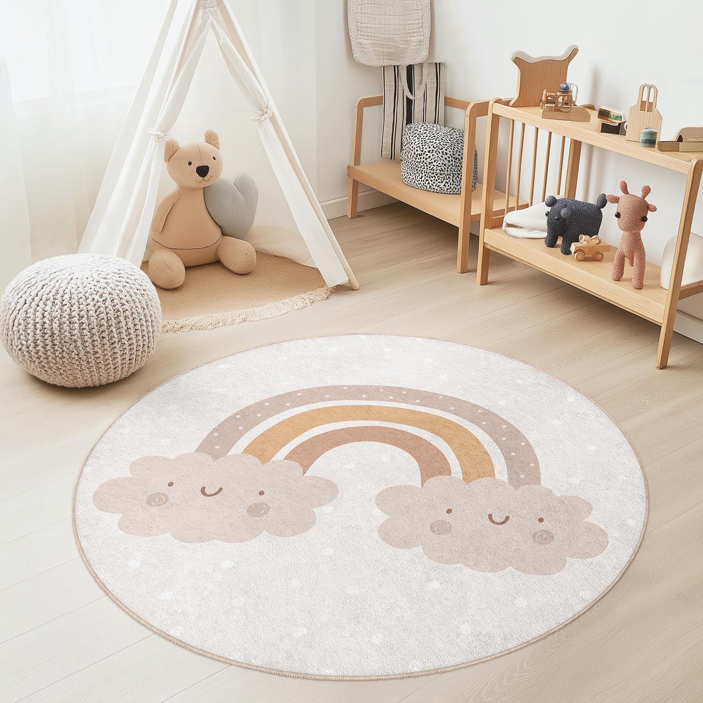 Cute Rainbow Clouds Round Kids Rug, Playful Nursery Decor, Soft Round Carpet for Children's Room, Cozy Play Mat, Kids Room Accessories