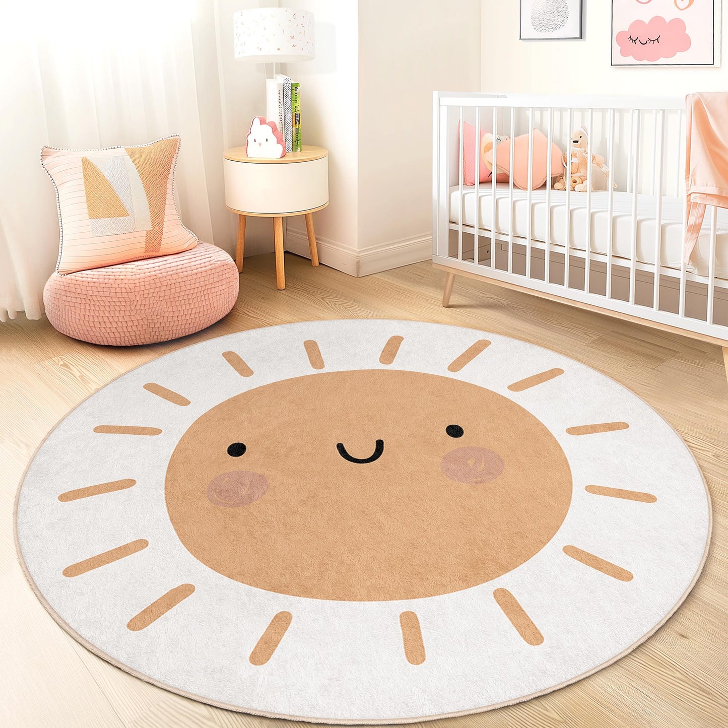 Cute Smiling Sun Round Kids Rug, Playful Sun Design Rug, Childrens Room Decor, Nursery Round Rug, Playroom Floor Mat