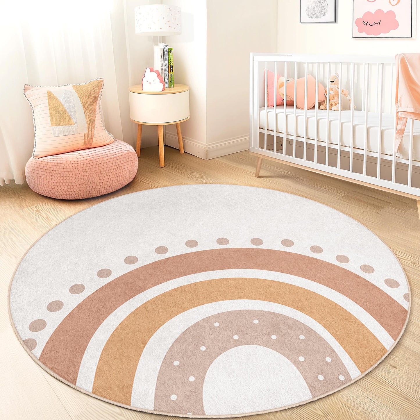 Boho Rainbow Round Kids Rug, Soft Nursery Rug, Playroom Decor, Round Play Mat, Kids Room Carpet, Baby Room Rug, Cozy Kids Decor