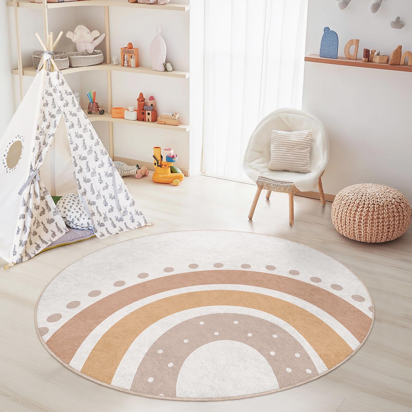 Boho Rainbow Round Kids Rug, Soft Nursery Rug, Playroom Decor, Round Play Mat, Kids Room Carpet, Baby Room Rug, Cozy Kids Decor