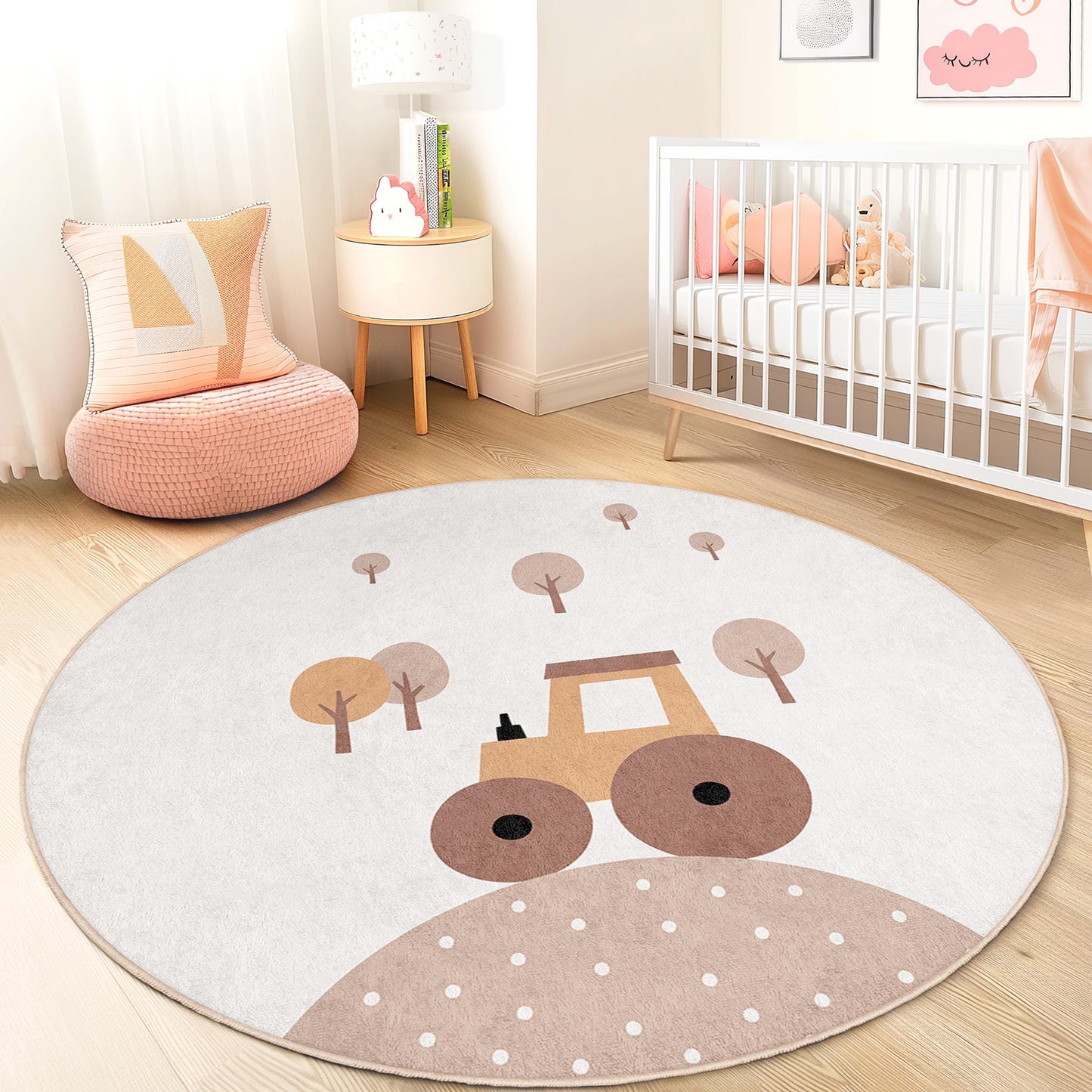 Cute Tractor Round Kids Rug, Farm Animal Play Mat, Nursery Decor, Childrens Round Carpet, Soft Playroom Rug, Cozy Kids Room Accessory