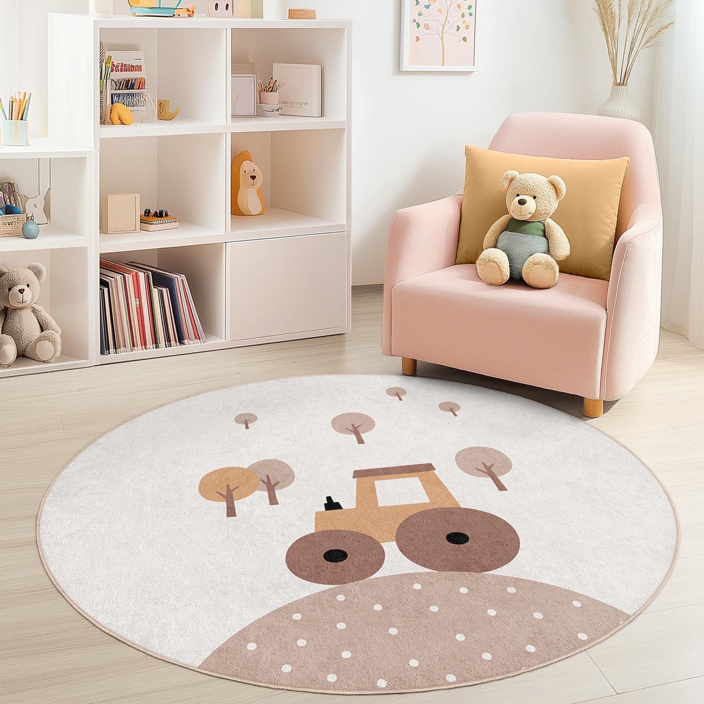 Cute Tractor Round Kids Rug, Farm Animal Play Mat, Nursery Decor, Childrens Round Carpet, Soft Playroom Rug, Cozy Kids Room Accessory