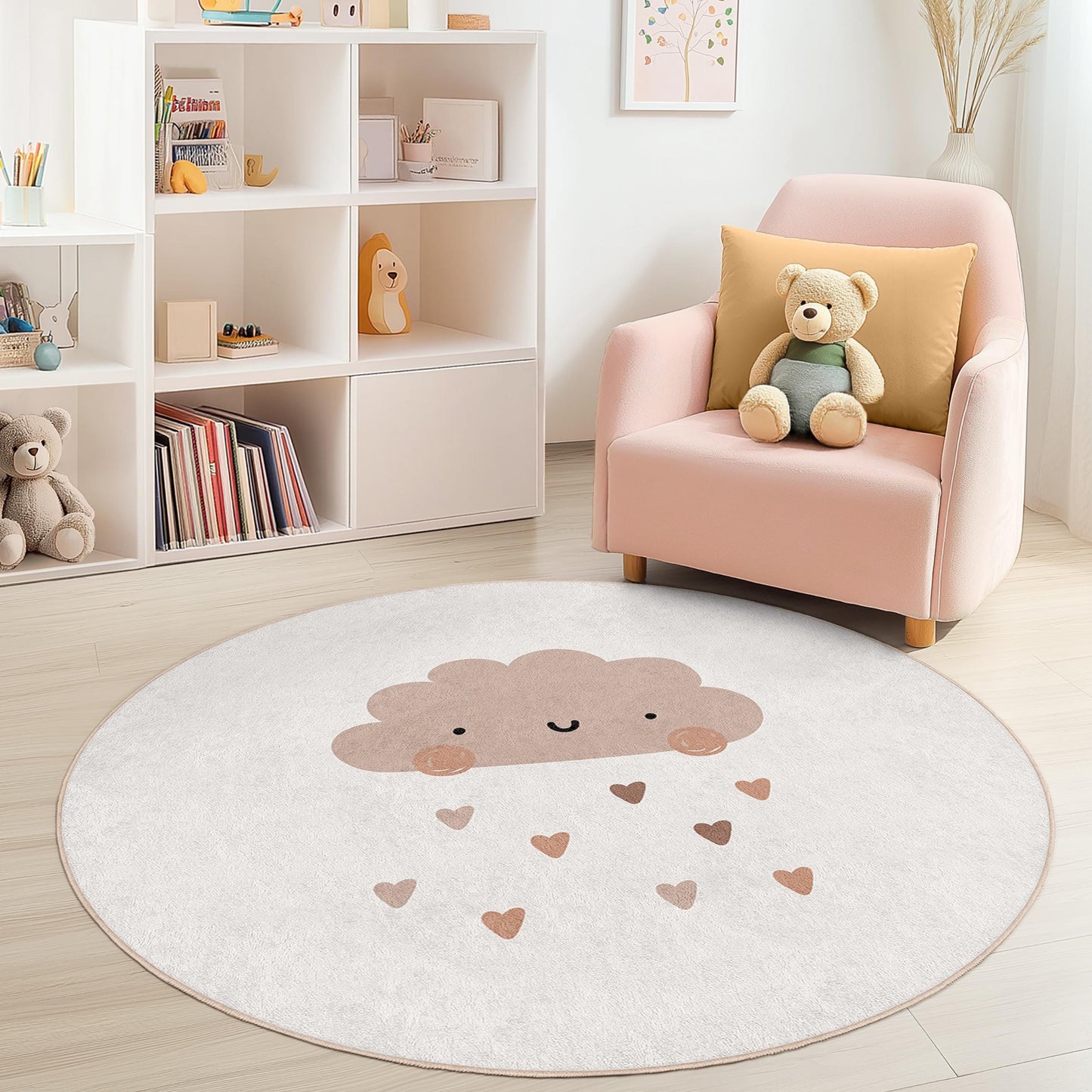 Schattig rond kinderkleed met wolkjesmotief, lief kleed voor de babykamer, zacht speelkleed, babykleed met hartjes en regenprint, decoratie voor de kinderkamer