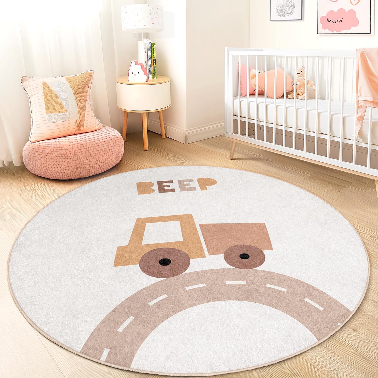 Beep Truck Round Kids Play Rug, Soft Nursery Rug, Interactive Play Mat for Toddlers, Round Playroom Decor, Kids Room Carpet