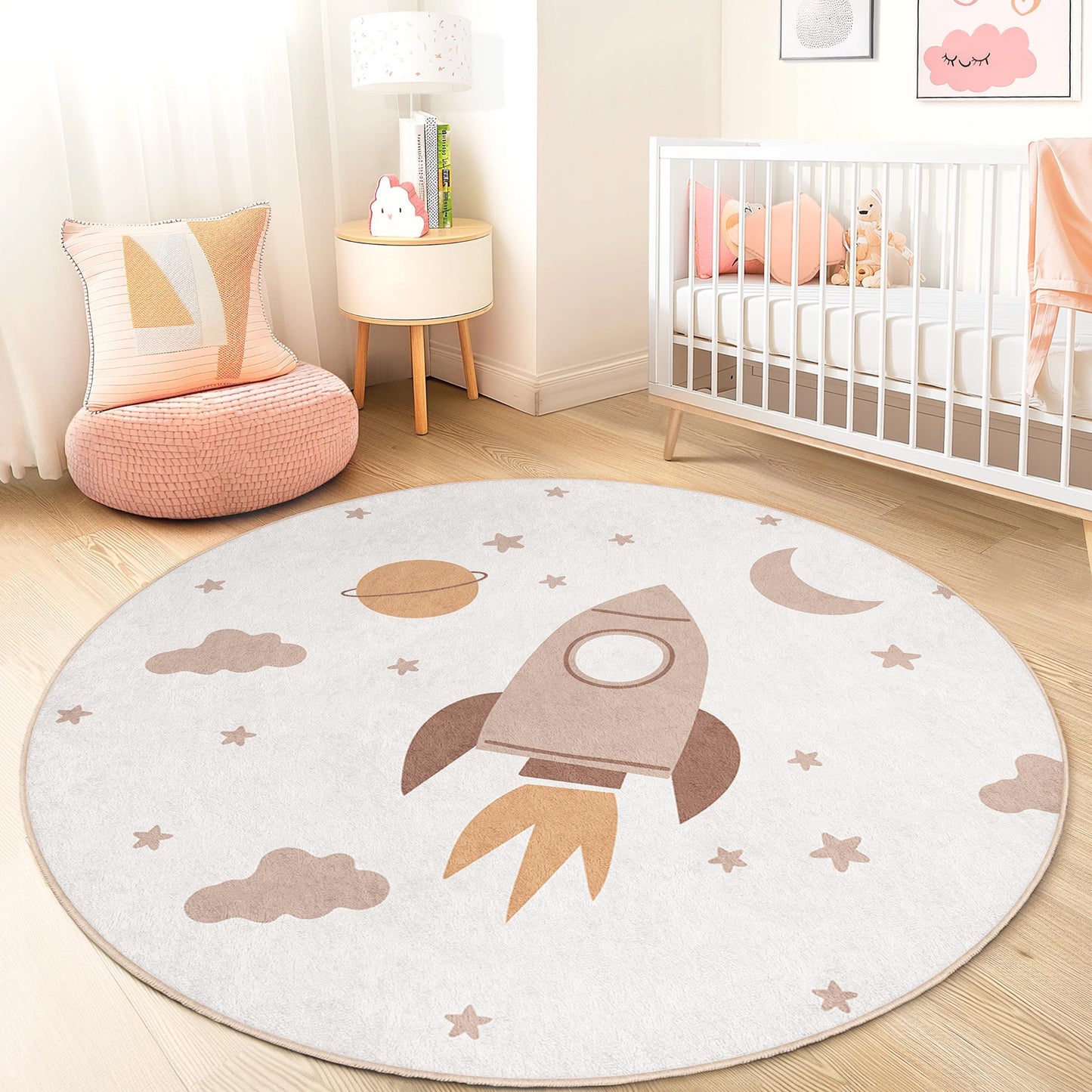 Rocket Adventure Round Kids Rug, Space Theme Nursery Carpet, Playroom Decor, Soft Area Rug for Kids Room, Cosmic Kids Play Mat