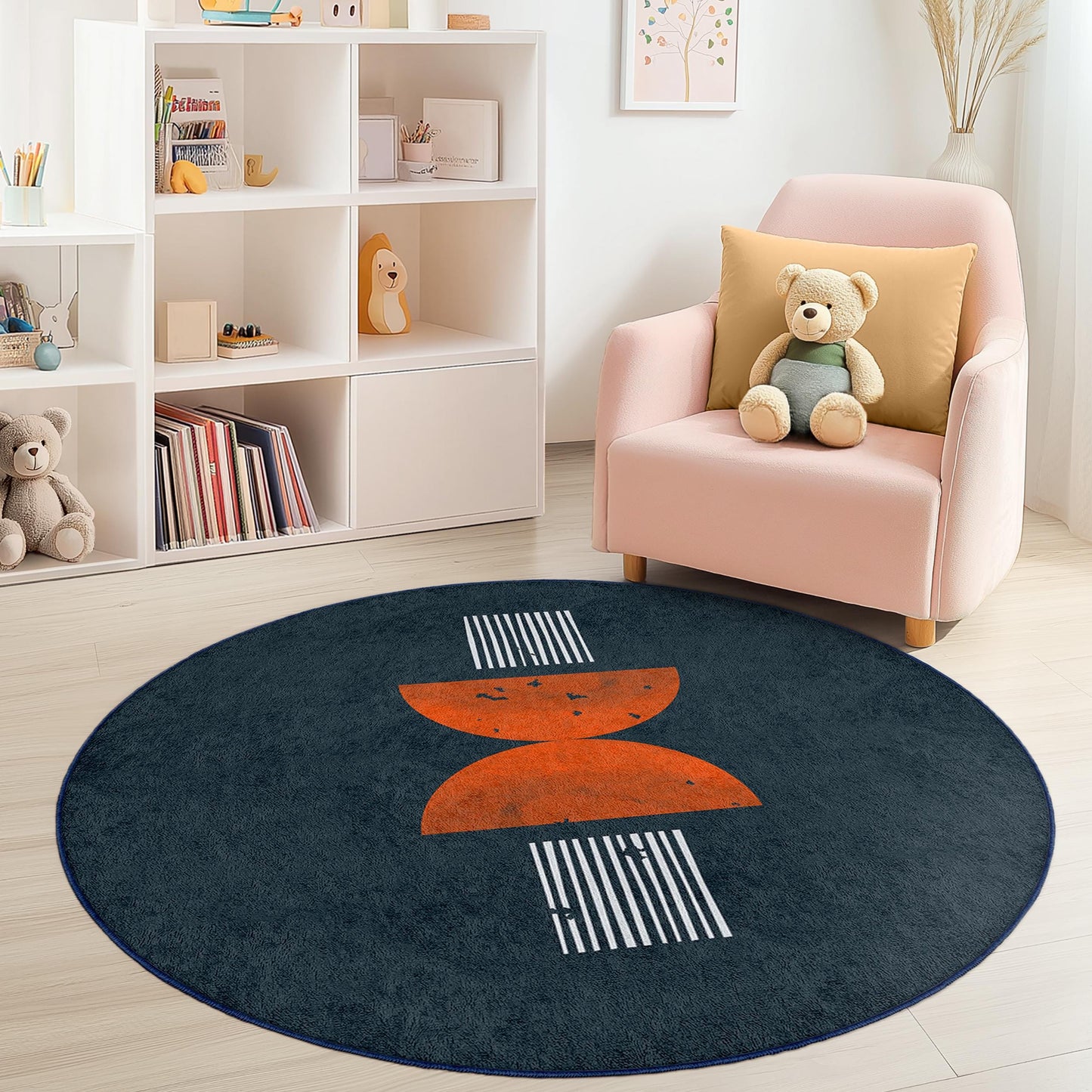 Geometric Round Kids Room Rug, Modern Design Play Mat, Round Carpet for Nursery, Soft Area Rug, Kids Decor, Playroom Flooring