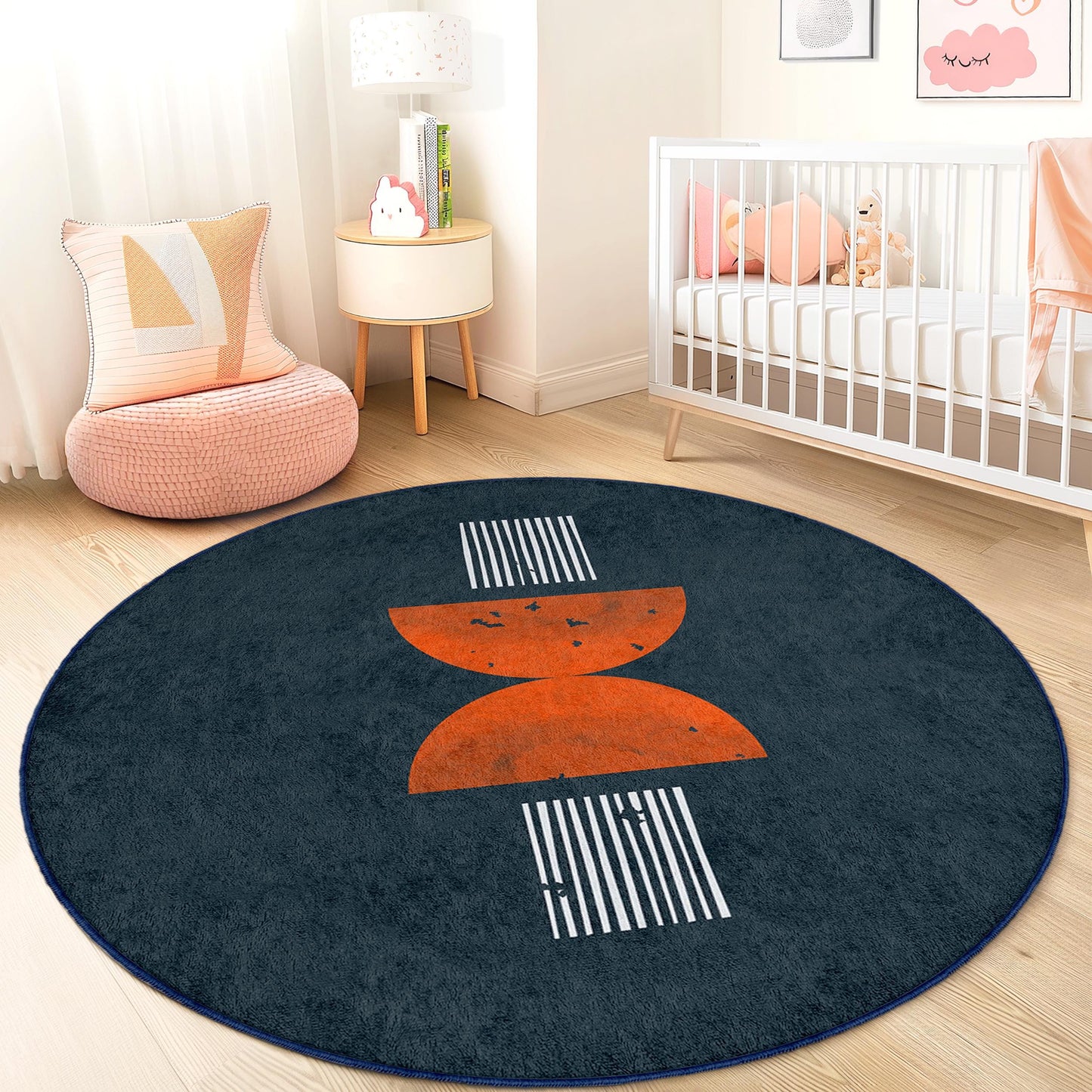 Geometric Round Kids Room Rug, Modern Design Play Mat, Round Carpet for Nursery, Soft Area Rug, Kids Decor, Playroom Flooring