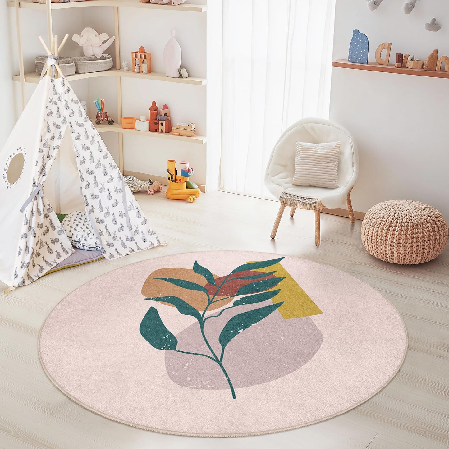 Abstract Leaf Pattern Round Kids Room Rug, Modern Floral Round Carpet, Playroom Decor, Nursery Area Rug, Soft Round Mat
