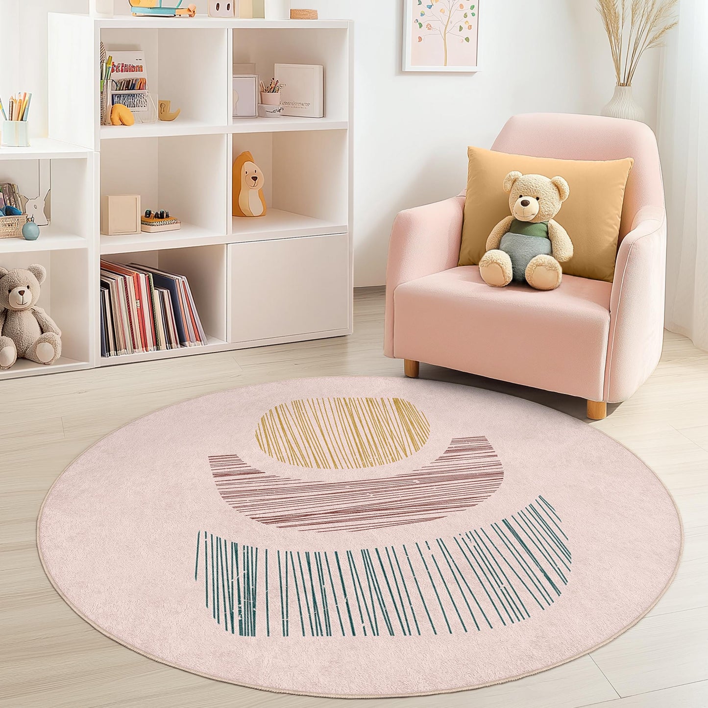 Modern Round Kids Rug, Abstract Shapes Playroom Carpet, Soft Nursery Mat, Round Play Area Rug, Boho Kids Room Decor