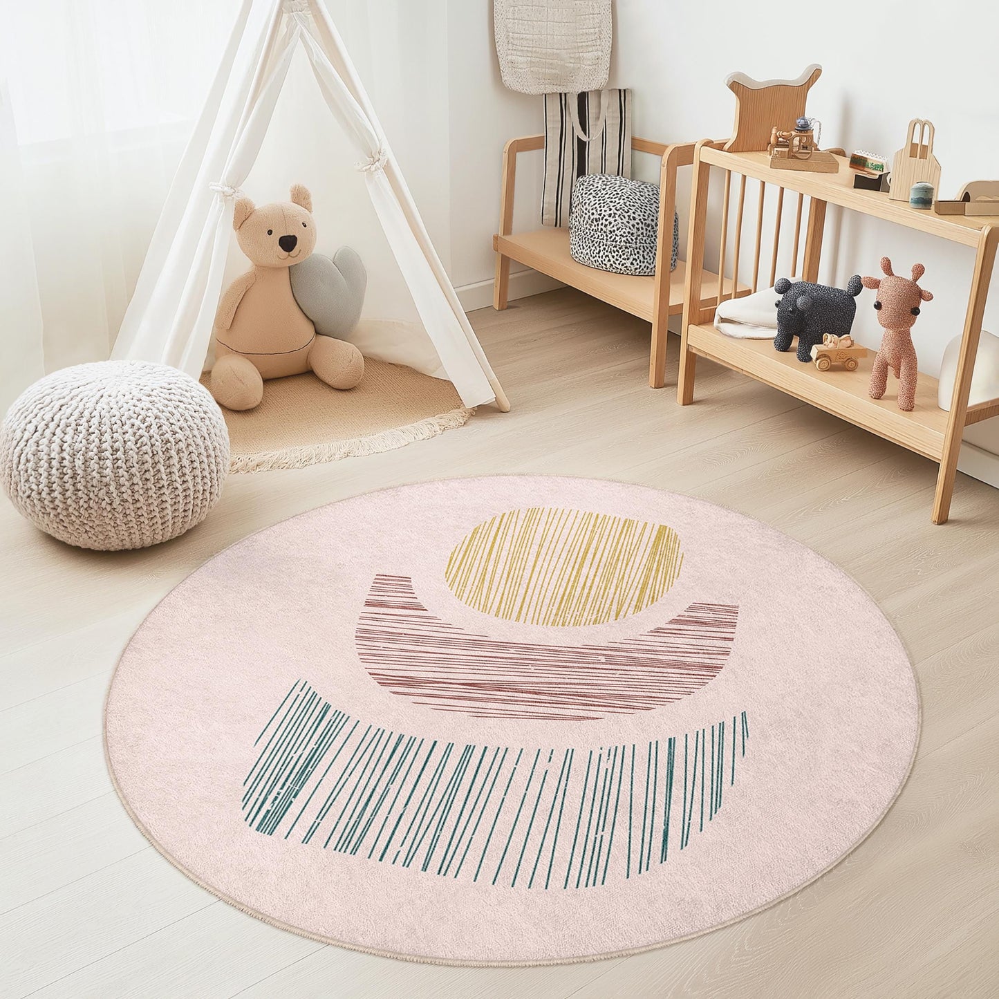 Modern Round Kids Rug, Abstract Shapes Playroom Carpet, Soft Nursery Mat, Round Play Area Rug, Boho Kids Room Decor