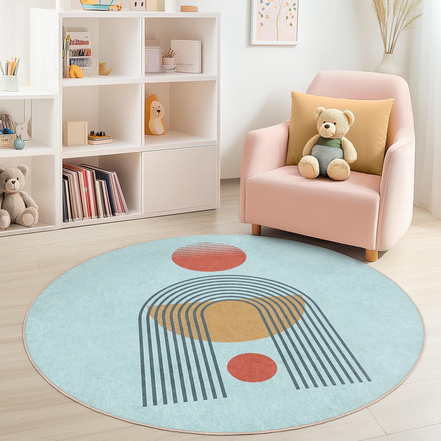 Geometric Shapes Round Kids Rug, Colorful Circle Play Mat, Soft Nursery Rug, Toddler Room Carpet, Baby Room Decor