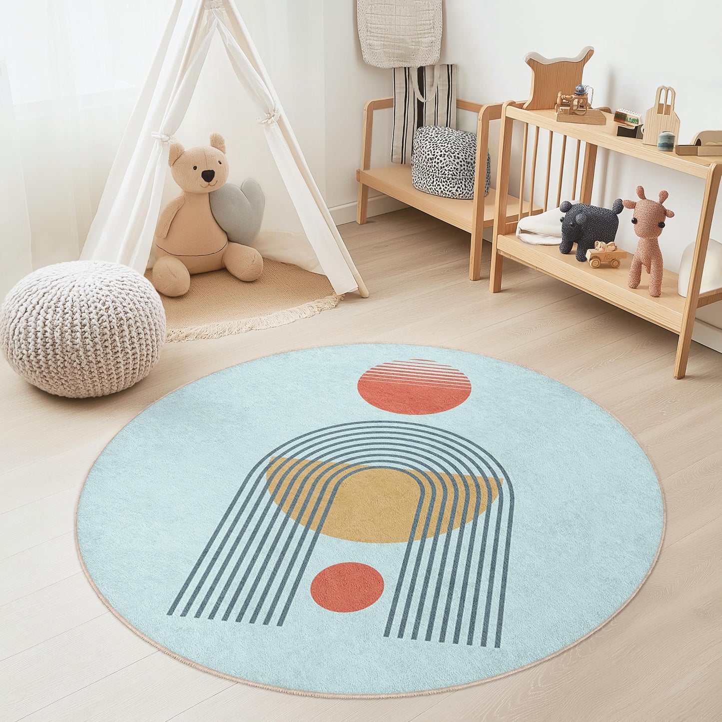Geometric Shapes Round Kids Rug, Colorful Circle Play Mat, Soft Nursery Rug, Toddler Room Carpet, Baby Room Decor