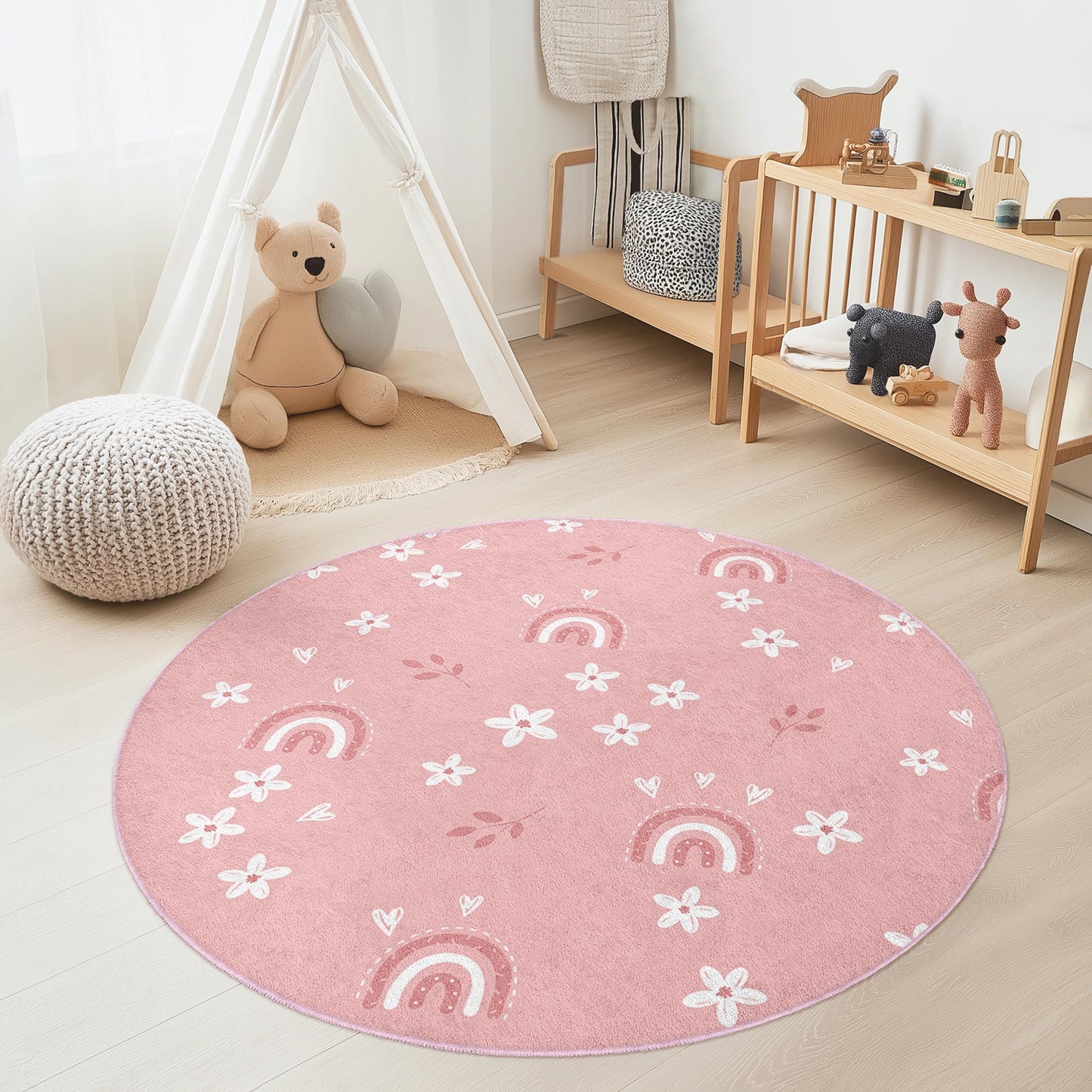 Cute Pink Rainbow Floral Round Kids Rug, Playful Flower Pattern Round Rug, Nursery Decor, Baby Room Carpet, Kids Room Accessory