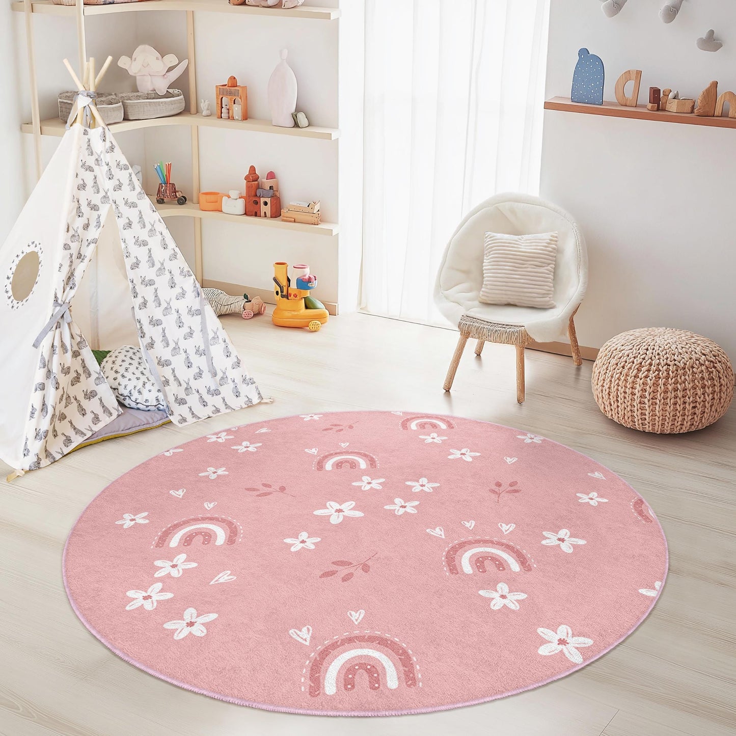 Cute Pink Rainbow Floral Round Kids Rug, Playful Flower Pattern Round Rug, Nursery Decor, Baby Room Carpet, Kids Room Accessory